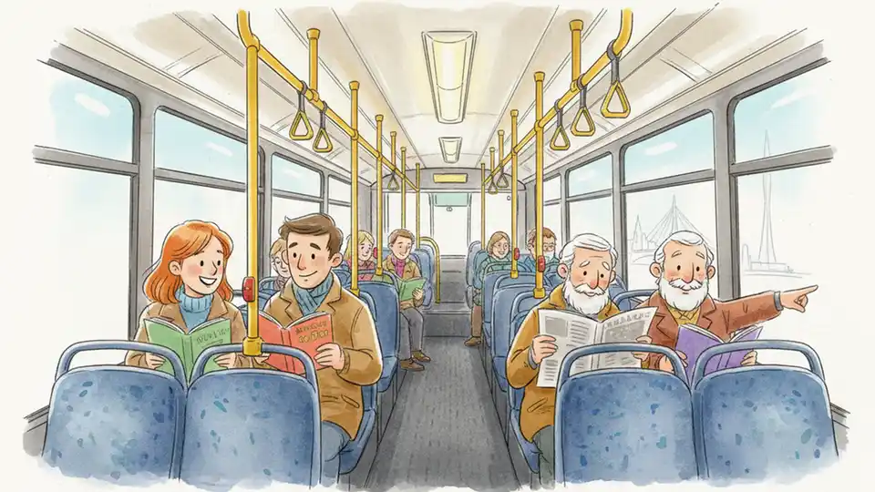 Interior of Dublin Bus showing passengers reading books while seated during commute