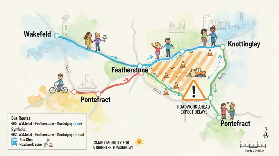 Bus route map showing Featherstone area with roadwork zone marked, displaying connections between Wakefield, Pontefract, and Knottingley in Yorkshire