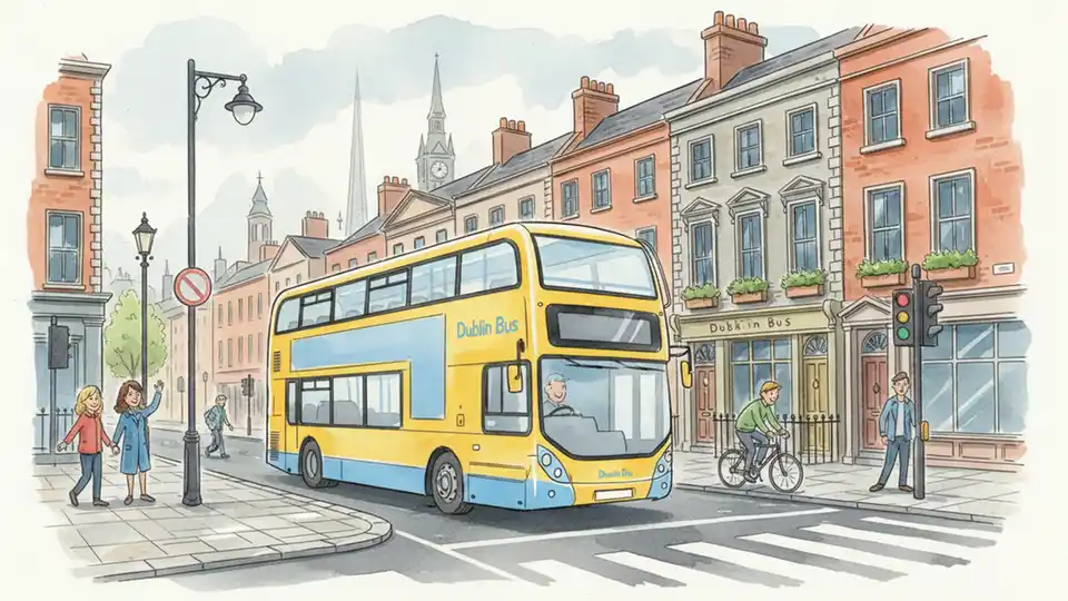 Dublin Bus vehicle on city street with historic buildings in background