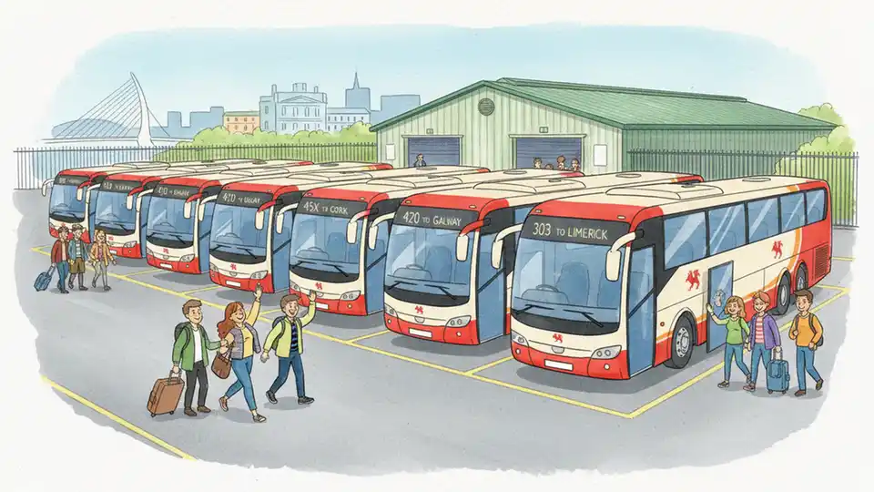 Multiple Bus Éireann buses lined up at transit depot showing different route numbers, daytime exterior view
