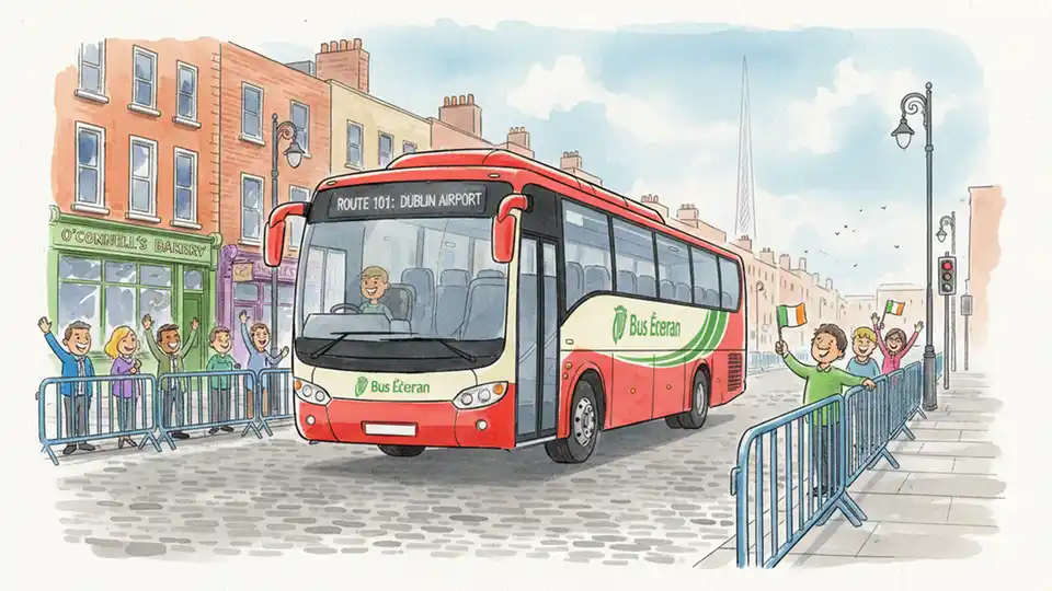 Bus Éireann bus navigating Dublin street with marathon barriers visible in background