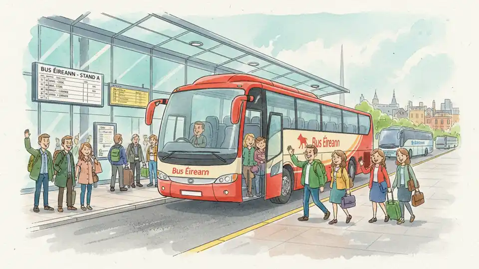 Bus Éireann coach at Irish bus station with passengers boarding during daytime