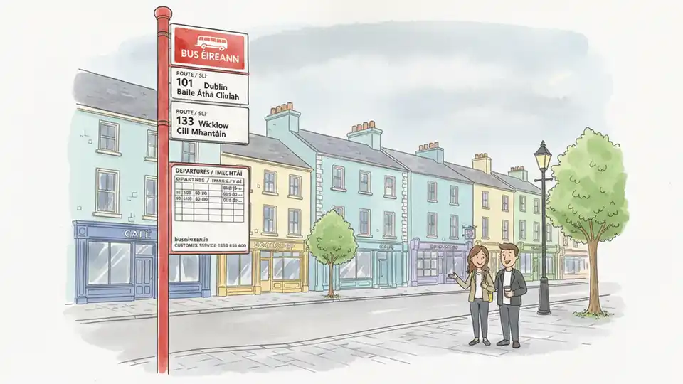 Bus Éireann bus stop sign showing route information and timetable display in Irish town