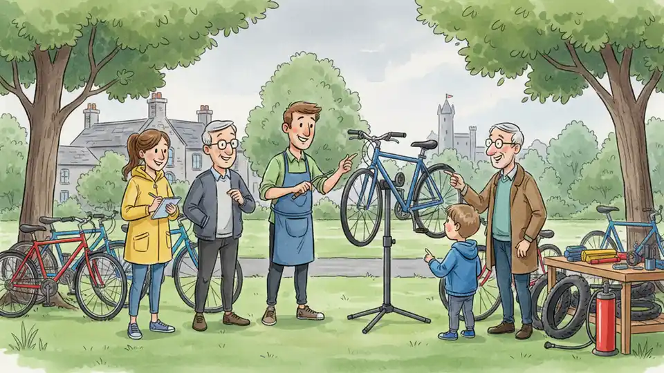 Bike mechanic demonstrating bicycle repair techniques to a group of participants at an outdoor community workshop event
