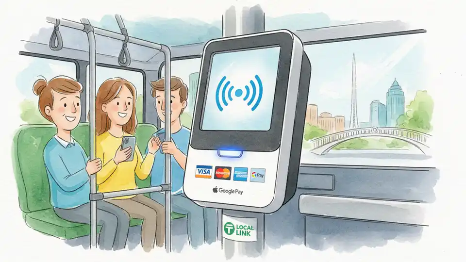 Close-up of contactless payment terminal on TFI Local Link bus showing tap payment symbol and accepted payment methods including card logos and mobile pay icons