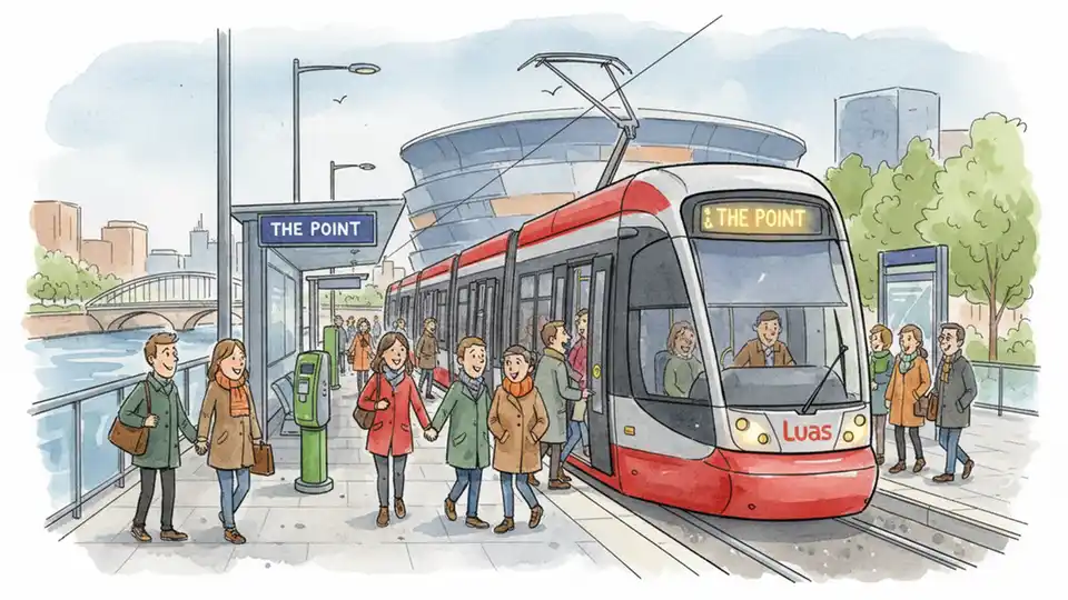 Luas Red Line tram at The Point station near 3Arena with passengers boarding