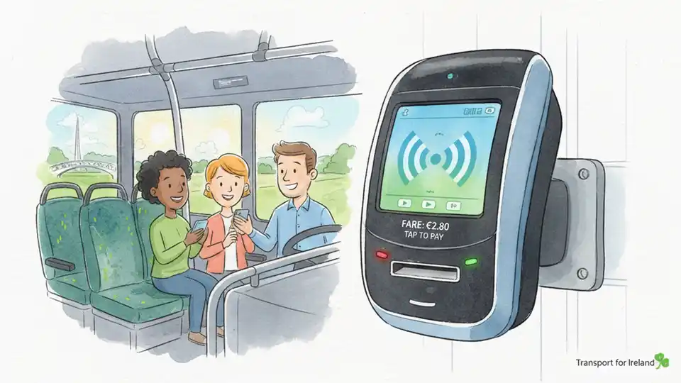 Close-up of contactless payment terminal on Irish rural bus showing card reader and payment options display