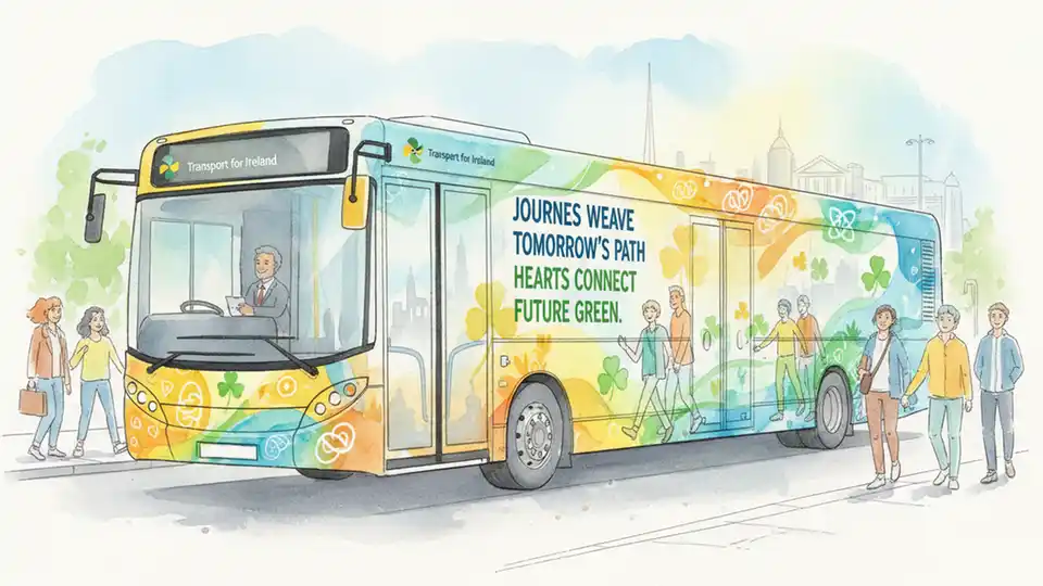 Close-up view of bus wrap artwork showing poetry text and contemporary art designs by Alberta Whittle on Transport for Ireland vehicle