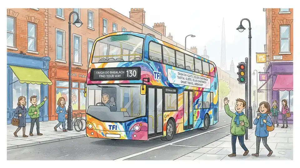 Transport for Ireland bus wrapped in colorful contemporary artwork featuring poetry and visual designs, operating on Dublin city street