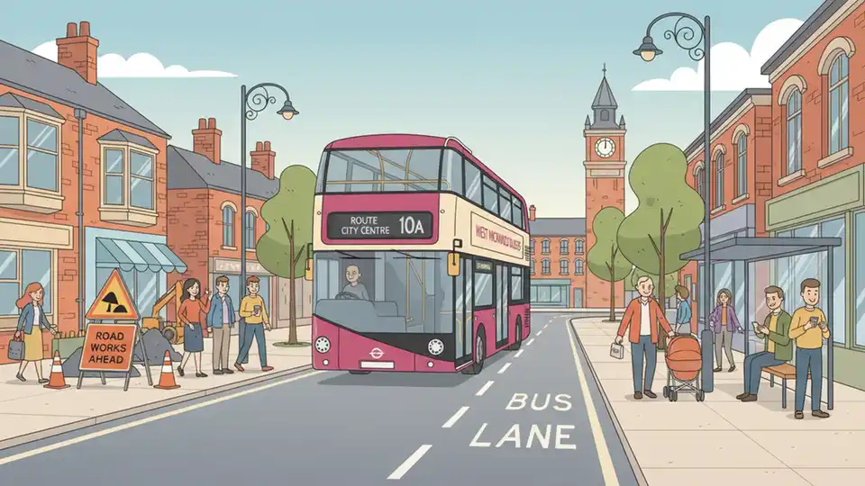 Wolverhampton bus on Penn Road during daytime with road work signs visible in background