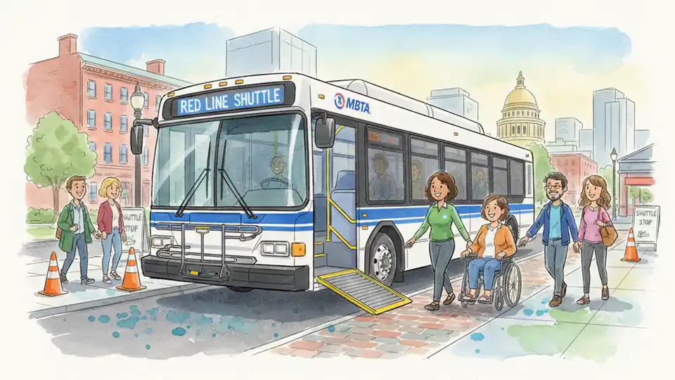 MBTA shuttle bus in Boston displaying route information, accessible ramp visible, representing replacement service during rail maintenance