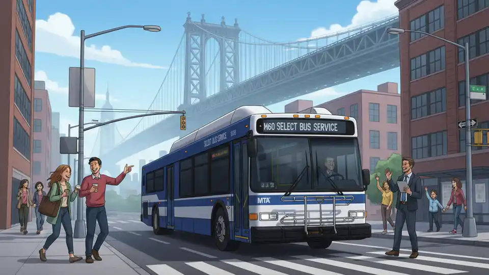 M60 Select Bus Service vehicle on New York City street approaching RFK Bridge with LaGuardia Airport route signage visible