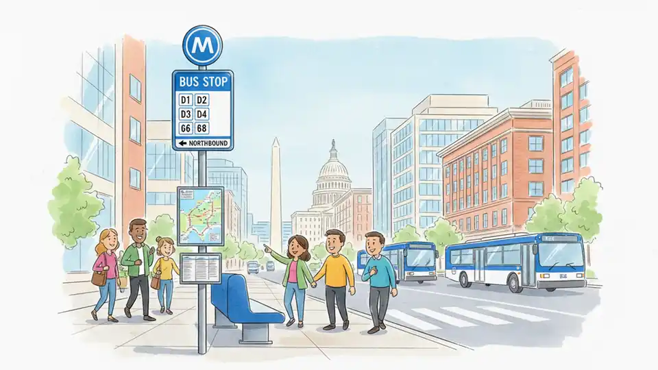 WMATA bus stop sign showing multiple D-series route numbers in downtown DC