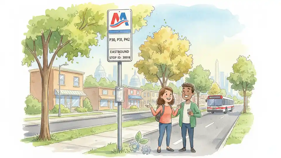 WMATA bus stop sign on Riverdale Road with route numbers P30, P31, and P42 displayed