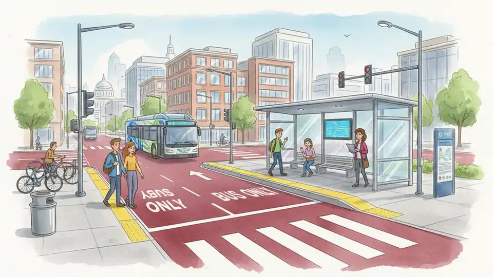 Modern bus rapid transit station with dedicated bus lane, passenger shelter, and pedestrian crosswalk at urban intersection