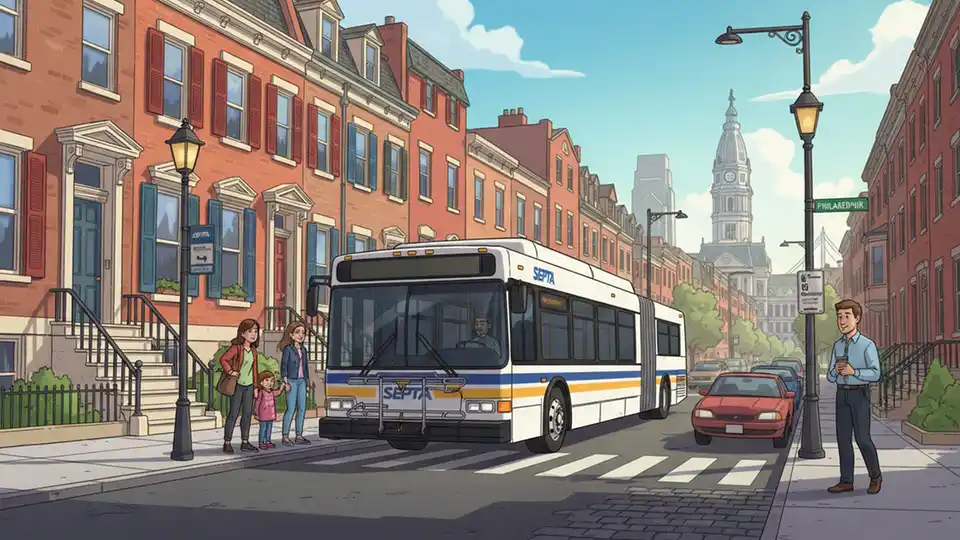SEPTA bus on Philadelphia street near historic rowhomes with pedestrians