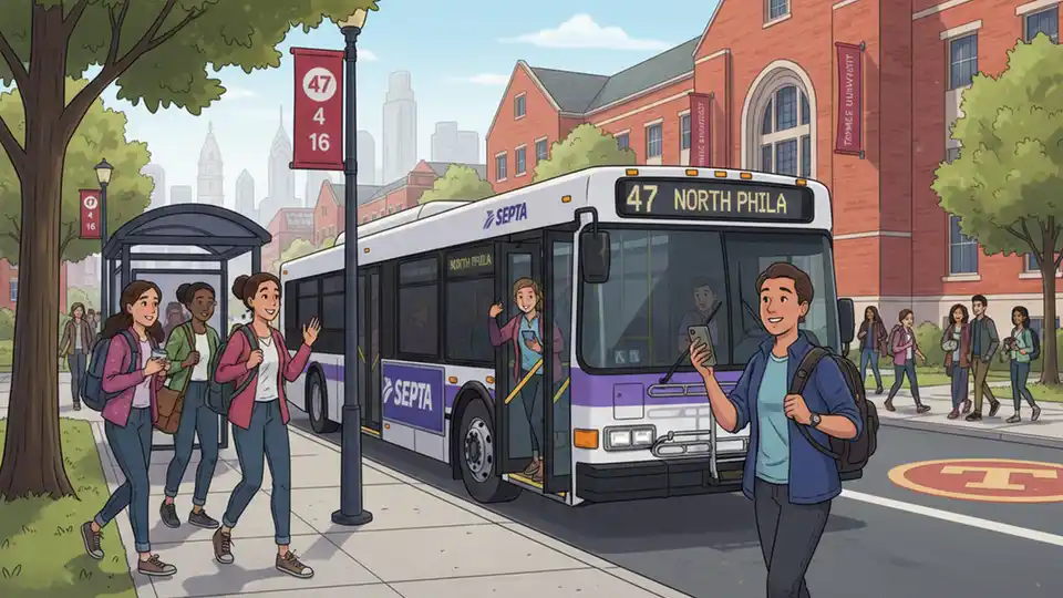 Philadelphia public transit bus at Temple University campus stop with students boarding