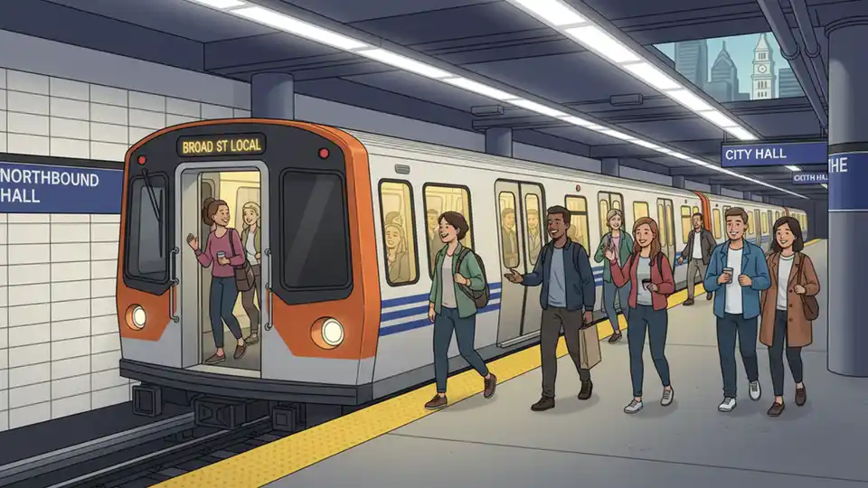 SEPTA Broad Street Line subway train at station platform with passengers boarding
