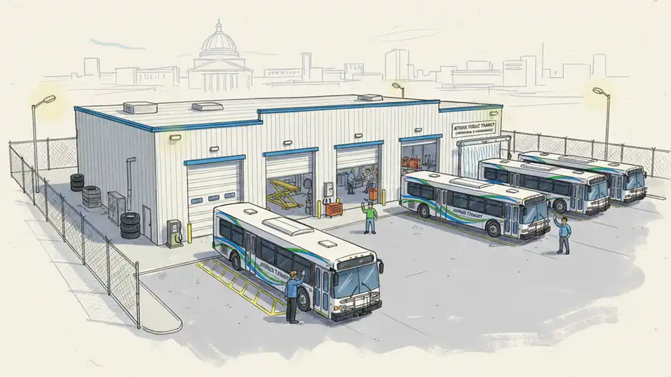 Transit bus maintenance facility with service bays and parked buses