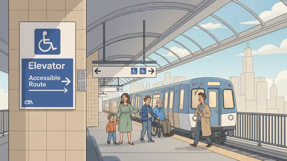 CTA accessibility signage at rail station showing elevator and accessible route information for transit riders