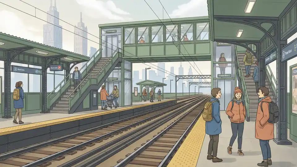 CTA elevated train station platform with overhead transfer bridge showing stairs and elevator access, passengers moving between platforms