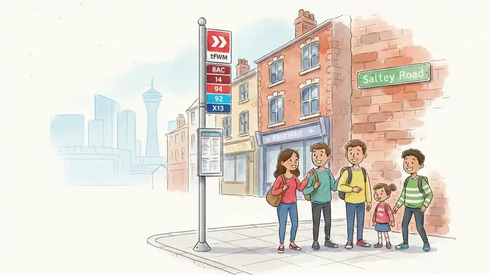 Bus stop sign showing multiple route numbers 8A, 8C, 14, 94, 95, X12, X13 in Birmingham with Saltley Road street sign in background
