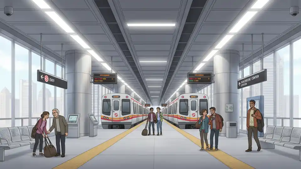 Interior view of modern MARTA rail station platform with trains and signage, showing clean design and passenger amenities that serve office buildings above