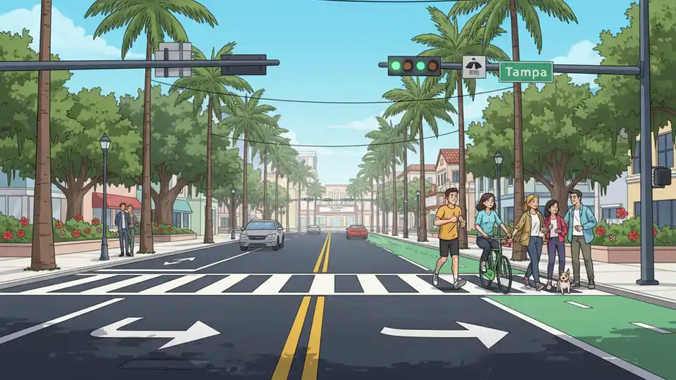 Freshly paved Tampa city street with new asphalt surface and road markings