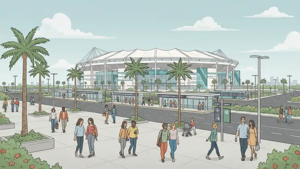 Hard Rock Stadium exterior with transit access area, showing destination point for proposed Miami-Dade North Corridor transit connection from downtown