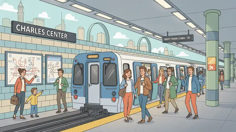 Baltimore Metro Subway train at Charles Center station platform with passengers boarding, interior station lighting and wayfinding signs visible
