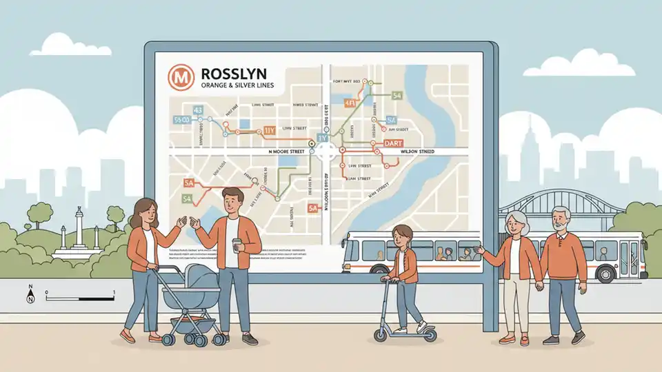 WMATA bus route map showing Rosslyn Station area with N Moore Street and Wilson Boulevard intersection