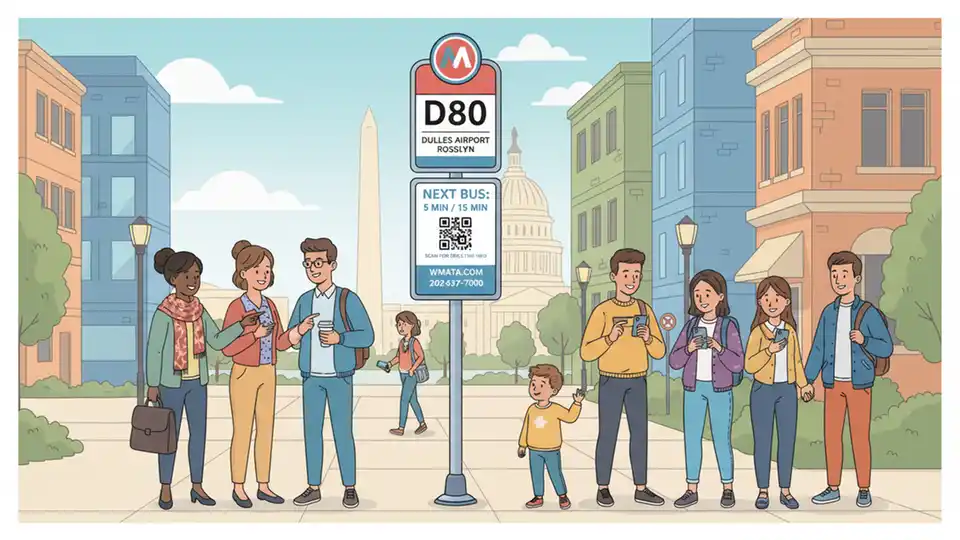 WMATA bus stop sign showing D80 route information in Washington DC