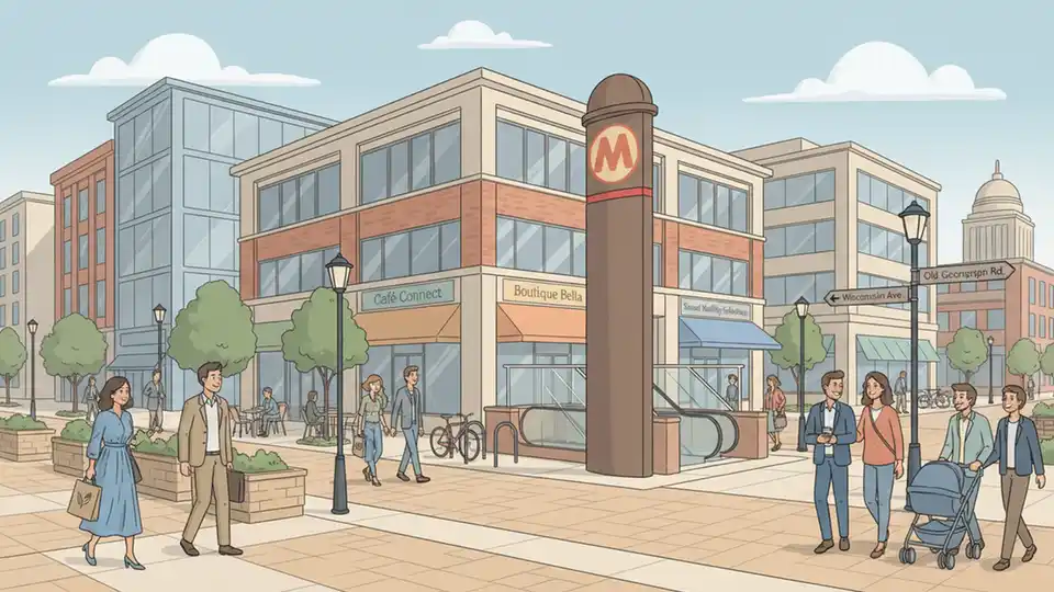 Bethesda Metro station entrance with downtown shops and pedestrians on walkable street