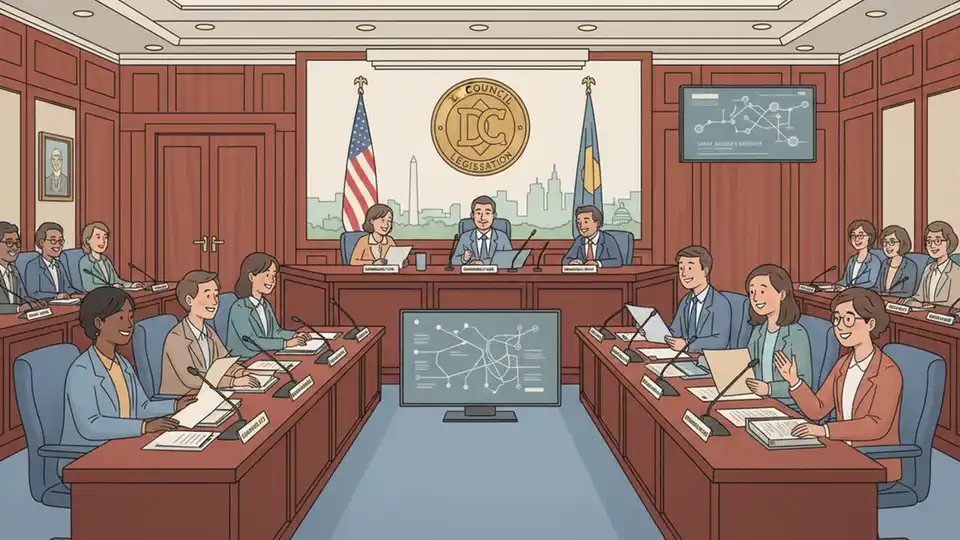 D.C. Council transportation committee meeting room with members reviewing autonomous vehicle legislation documents