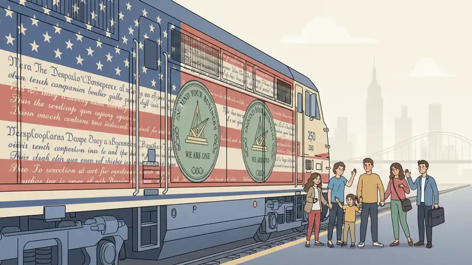 Close-up detail of Metro-North Locomotive 250's patriotic wrap showing Declaration of Independence text forming American flag stripes and Benjamin Franklin Fugio cent emblem design elements