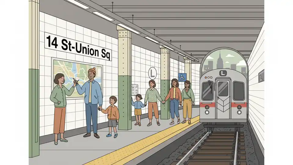 L train platform at 14 St-Union Sq station showing platform edge, subway tracks, and station signage with accessibility features