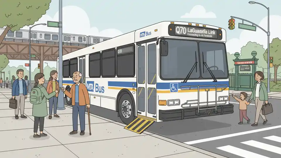MTA shuttle bus at Queens subway station with accessibility features visible