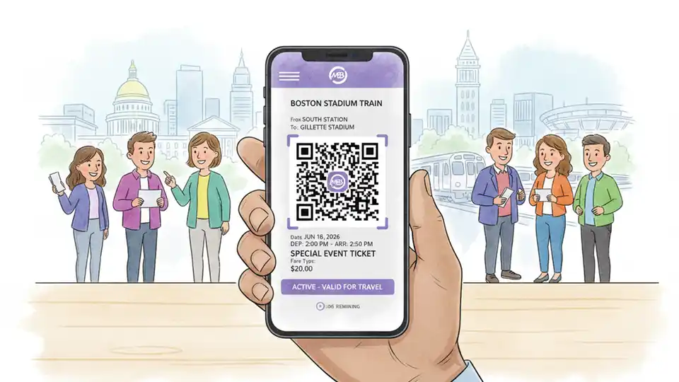 Commuter Rail ticket displayed on smartphone mTicket app showing Boston Stadium Train fare and World Cup match date