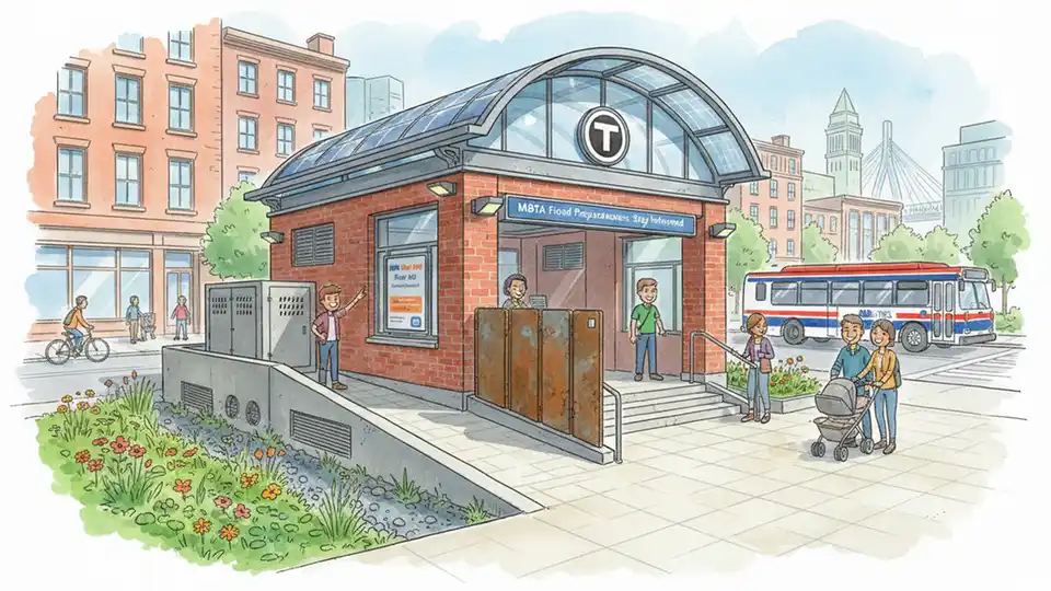 MBTA subway station entrance with flood protection infrastructure and climate resilience features