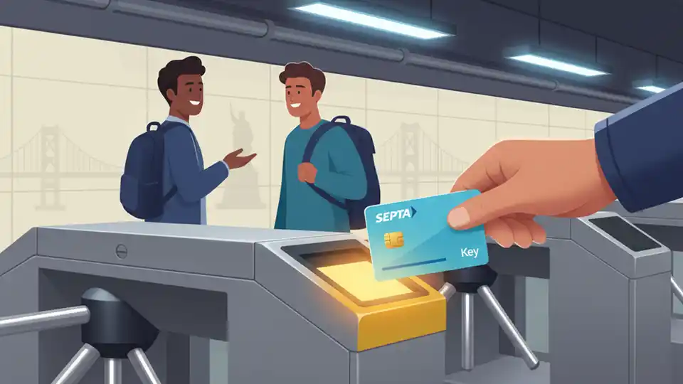 SEPTA Key card being tapped at subway turnstile with student backpack visible
