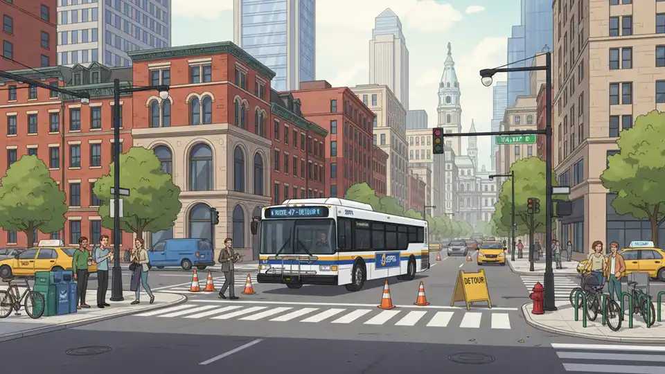 SEPTA bus on detour route in Center City Philadelphia, showing urban street scene with traffic and pedestrians