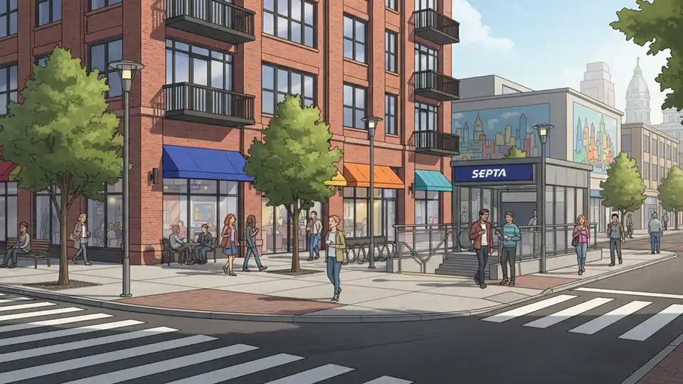 Mixed-use development with residential buildings and retail spaces adjacent to transit station, showing pedestrian-friendly streetscape with people walking near station entrance, urban planning perspective