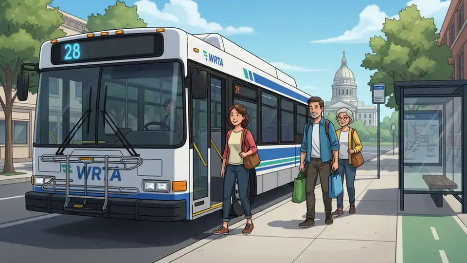Western Reserve Transit Authority bus at stop in Mahoning County with passengers boarding, showing accessible entrance and route number display, daytime exterior shot