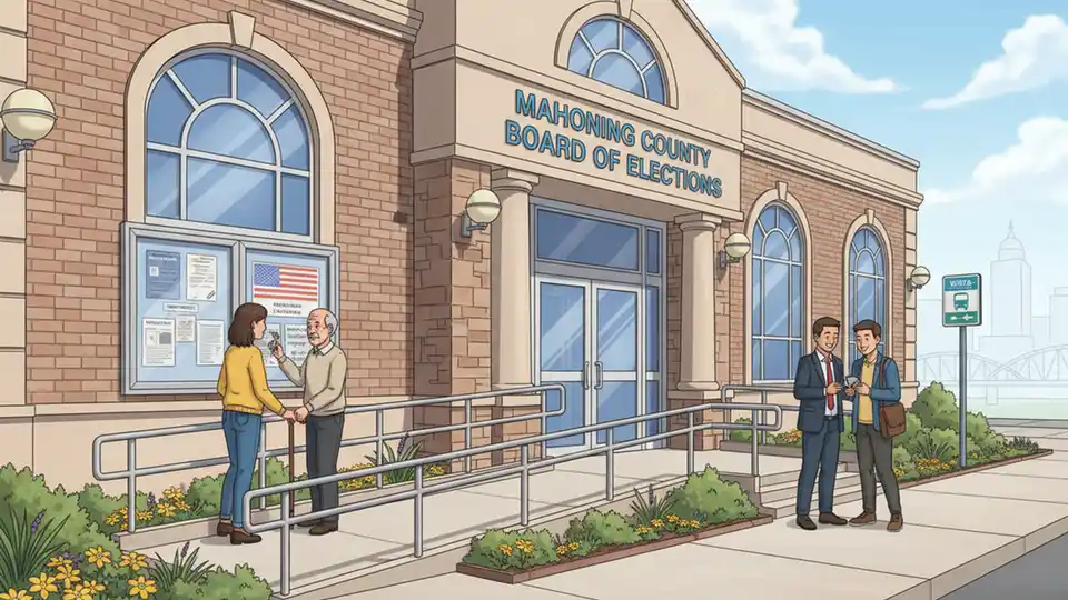 Mahoning County Board of Elections office entrance with accessible pathway and public transit signage visible, showing voter information posted near entrance, professional government building exterior