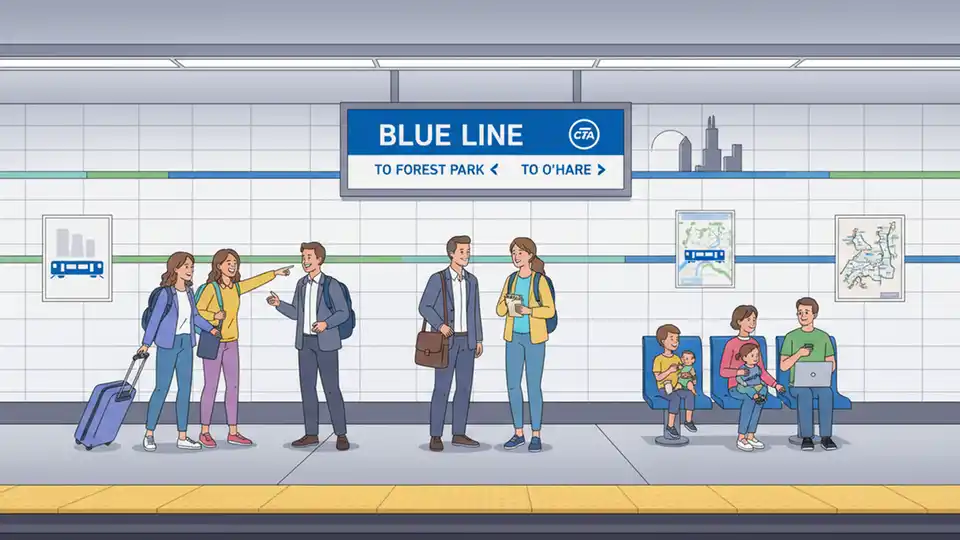 CTA Blue Line platform sign showing Forest Park and O'Hare destinations with passengers in background