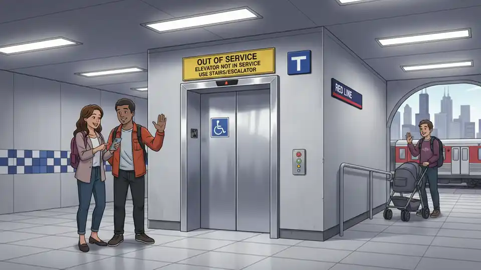 CTA elevator entrance at Red Line station with out-of-service signage and accessibility symbols