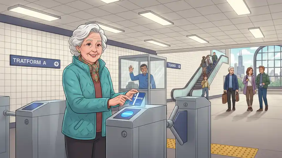Senior citizen using fare card at Chicago transit station turnstile