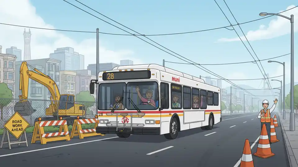 Muni bus on 19th Avenue with construction equipment and traffic cones visible