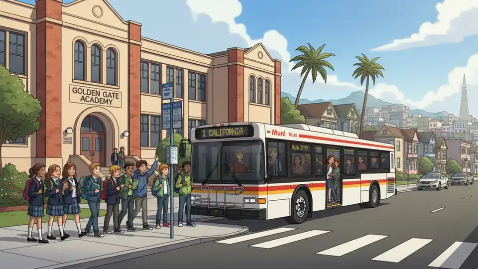 San Francisco Muni bus at a stop near a school with students boarding