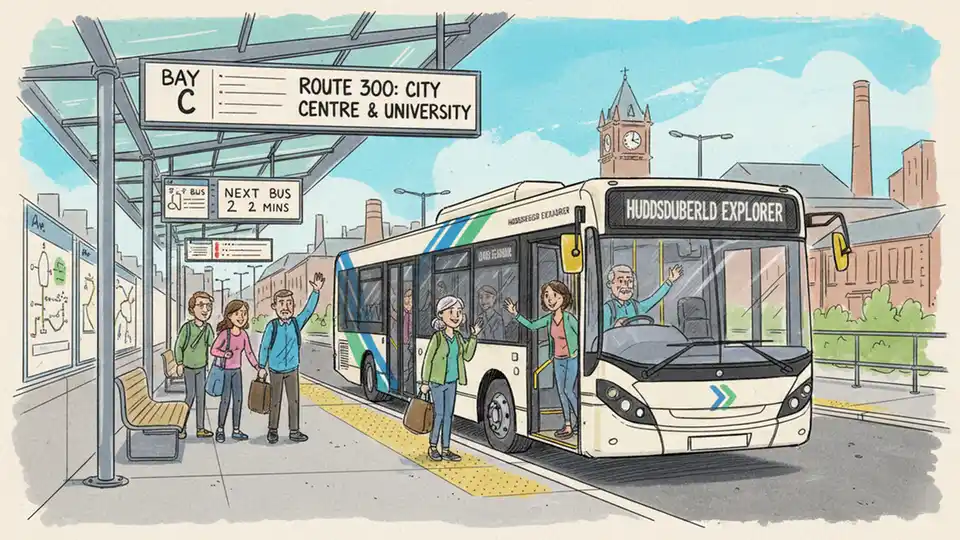 Shuttle bus at Huddersfield Bus Station with passengers boarding